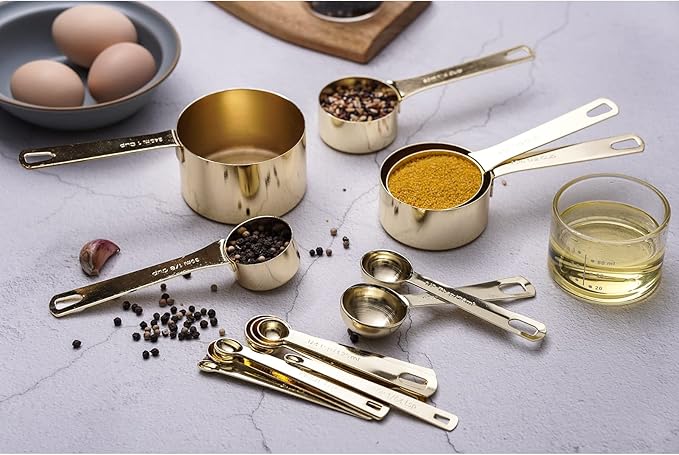 Gold Measuring Cups & Spoons Set of 16, Heavy Duty Stainless Steel Measuring Cups Measuring Spoons for Measuring Dry Liquid Ingredients for Baking Cooking, Gold Kitchen Accessories Gift