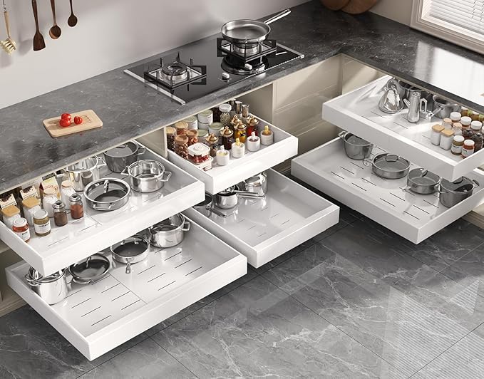 Seinloes 1 Pack Pull Out Cabinet Organizer 21" Deep,Full Extension 3 Slide Rails Slide Out Drawers With Raising Pad for Framed Cabinets,Expandable Width (15.4"-26.2"),No Drill Roll Out Shelves,White