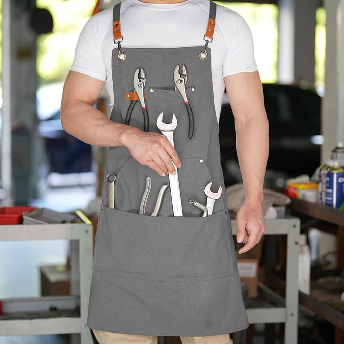 Aoomzoon Canvas Aprons for Men Chef Apron, Work Apron with Large Pockets - 16oz Heavy Duty Cross Back, BBQ, Cooking
