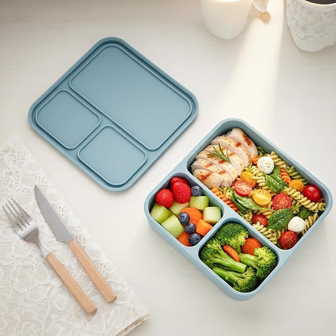 Silicone Bento Box Adult Lunch Container, 3 Compartment Container, Food Grade Silicone Bento Lunch Box for Work Travel Meal Prep, Leak-proof Food Storage Container（1 Pack Nile Blue）