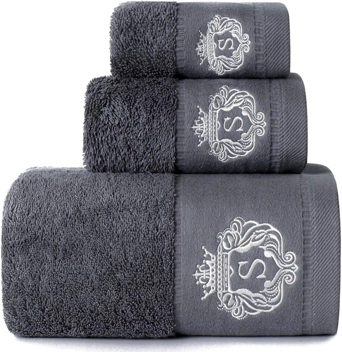 Sunshinejing 3-Piece Bath Towel Set - 55.1 x 28 Inch, 29.5 x 13.4 Inch, 12.6 x 12.6 Inch - 100% Cotton, Grey