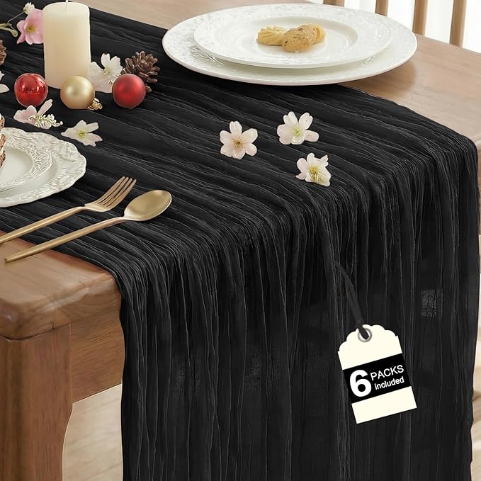 IVAPUPU 6 Pcs Cheesecloth Table Runner - 10ft Black Spring Boho Gauze Black Cheese Cloth Table Runners for Indoor Baby Shower Decorations Wedding Party Garden Decor