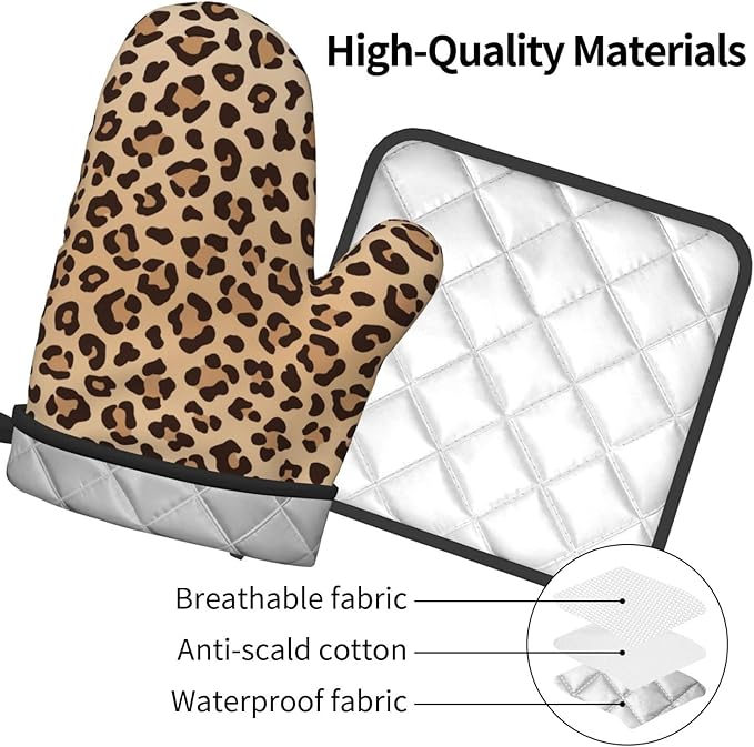 Leopard Print Oven Mitts and Pot Holders Animal Skin Heat Resistant Oven Mitts Safe for Baking Cooking BBQ