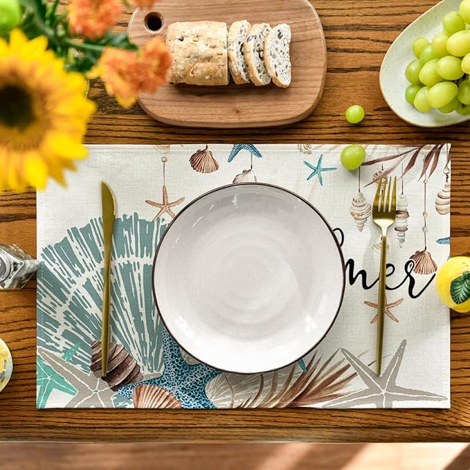 Artoid Mode Sunshine Starfish Shell Summer Placemats Set of 4, 12x18 Inch Seasonal Spring Holiday Table Mats for Party Kitchen Dining Decoration