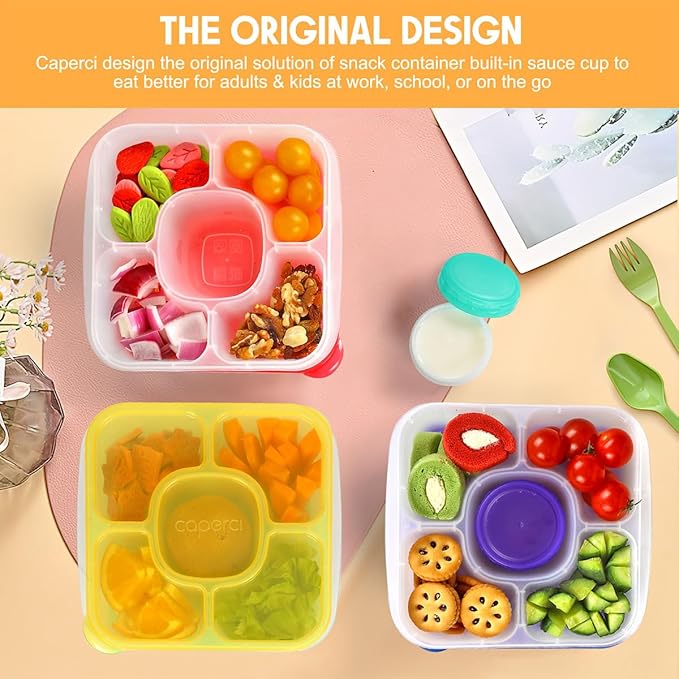 Caperci Original Bento Snack Box Containers for Kids & Adults - Lunchable Food Containers 5 Compartments with 4 Leakproof Small Containers, BPA-Free, Set of 4