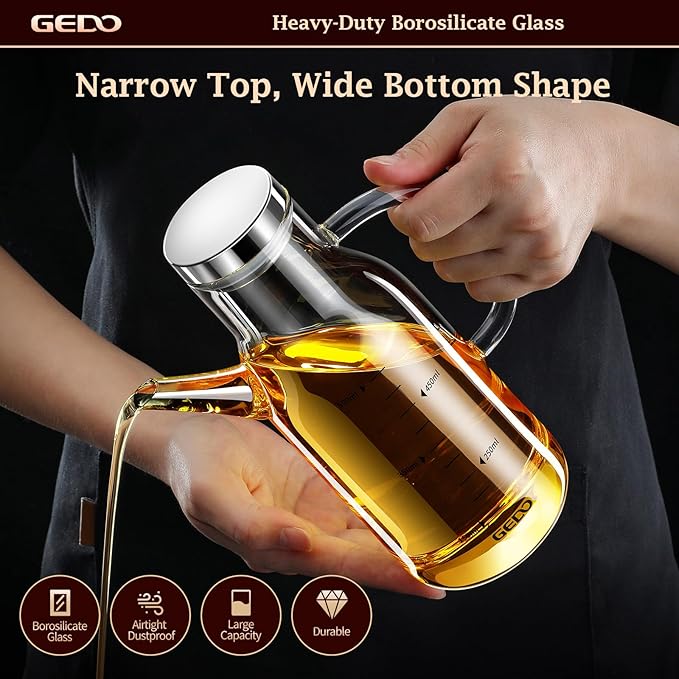 GEDO Borosilicate Glass Oil Dispenser, Eagle Beak Drip-Free Spout with Airtight Stainless Steel Lid, Measurement Markings & Ergonomic Handle, Multi-Purpose for Kitchen & Outdoor Picnic (0.79QT/750ml)