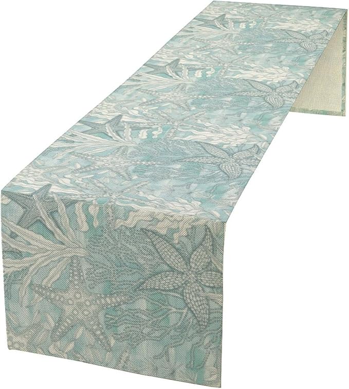 Nautical Table Runner Beach Sea Starfish Coral Art Printed Runner for Home Kitchen Dining Table Living Room Decor Fabric 1 Panel W13xL120in