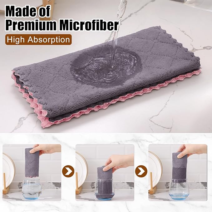 Mordimy 24 Pack Kitchen Towels (20" x 10", Grey & Pink), Super Soft and Absorbent Dish Towels, Coral Velvet Microfiber Cleaning Cloth, Nonstick Oil Fast Dry Dish Cloths