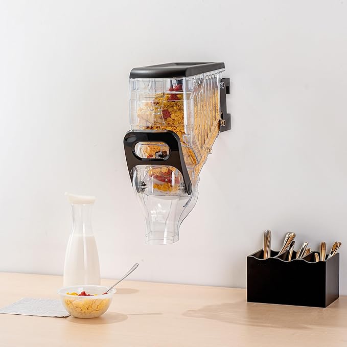 Restaurantware Cereal Dispenser 2 gal Plastic Wall-Mounted Gravity Bin Candy Dispenser Self-Serve Black Dry Food with Wall Mount Brackets for Breakfast Buffet or Hotel Use