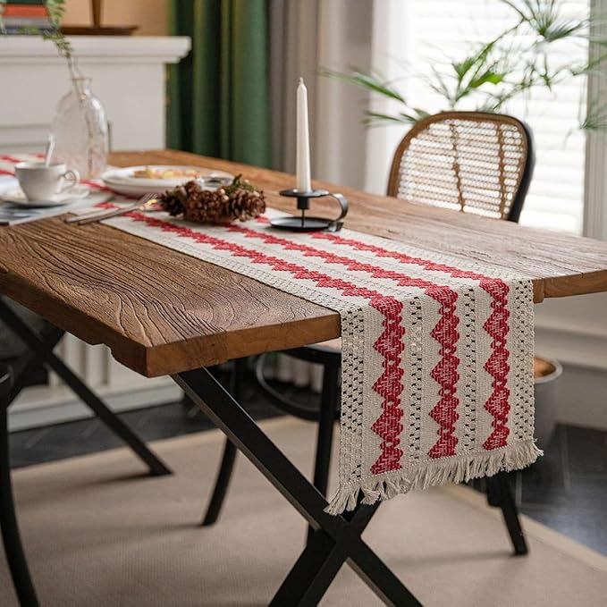 Alynsehom Macrame Table Runner Beige and Red Heart Table Runners with Tassels Hand Woven Cotton Table Runner Rustic Farmhouse Table Runners for Valentine's Day Bohemian Kitchen Dining Table(12x71in)
