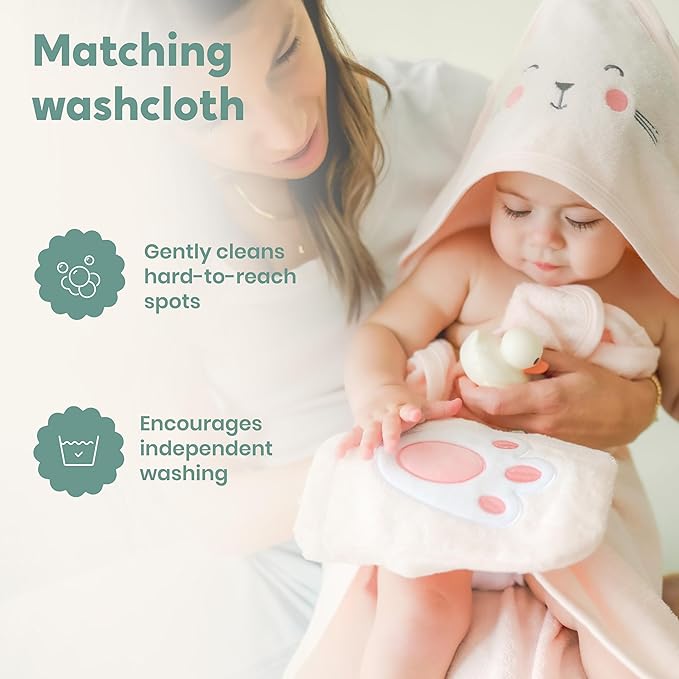 CuddleBug Premium Hooded Baby Bath Towel & Washcloth Set (Bear) - 100% Cotton Terrycloth Hooded Baby Towels for Newborn & Toddler - Super-Soft & Absorbent, Newborn Essentials (33" x 33") - Blush Pink