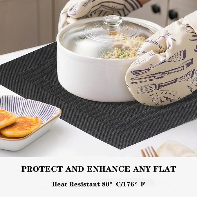 Pure Black Placemats Set of 2 - Heat Resistant Non-Slip Place mats for Dining Table, Washable Durable PVC Vinyl Woven Table Mats (Pure Black, 2)