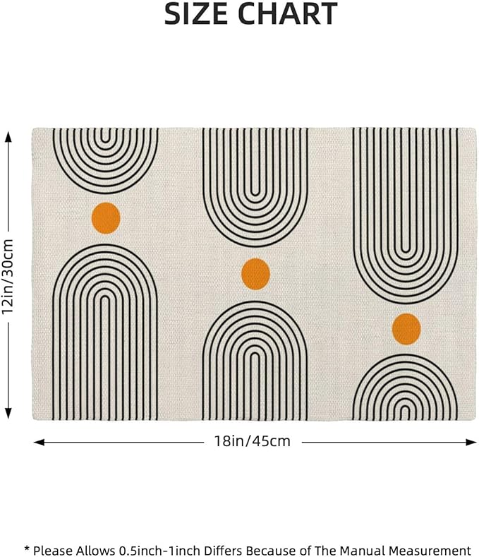 Boho Mid Century Placemats 12x18 Inch Set of 4, Abstract Simple Sun Arch Pattern Table Place Mat Boho Modern Yellow Spot Washable Table Mats Decorative Linen Fabric Table Mat for Dining Table