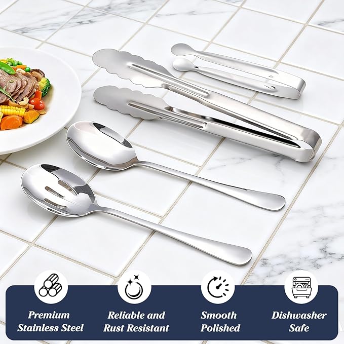 Mwellewm 18Pcs Serving Utensils, Serving Spoons for Buffet, Serving Tongs for Food, Large Slotted Spoons, Stainless Steel Banquet Cutlery Set for Parties Weeding Birthday Entertaining Catering(Silver)