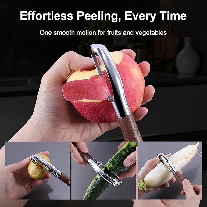 Premium Vegetable Peeler, Stainless Steel Potato Peeler with Ergonomic Wood Handle, Sharp Veggie Peeler for Potatoes, Carrots, Fruits & Cabbage, Professional Peeler for Kitchen (I Shape)