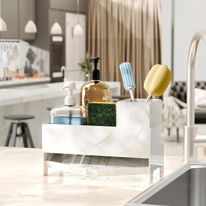 TIDIIABODE Sponge Holder for Kitchen Sink, Acrylic Sink Caddy Organizer with Removable Brush Holder, Countertop Soap Dispenser Organizer with Marble Texture, Kitchen Organizers Storage, White