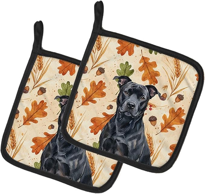 Caroline's Treasures Black American Staffordshire Terrier Heirloom Fall Pair of Pot Holders Pair 7.5x7.5 Quilted Insulated Hot Pads Decorative Kitchen Gift Made in USA