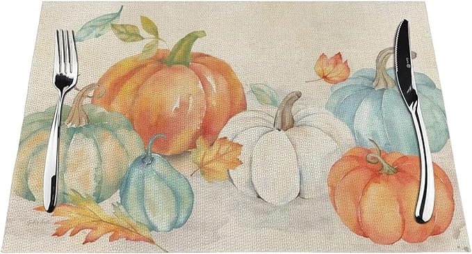Fall Pumpkin Placemats 12x18 Inch Set of 4, Thanksgiving Watercolors Table Place Mat Maple Leaves Autumn Harvest Washable Table Mats Decorative Linen Fabric Table Mat for Dining Table