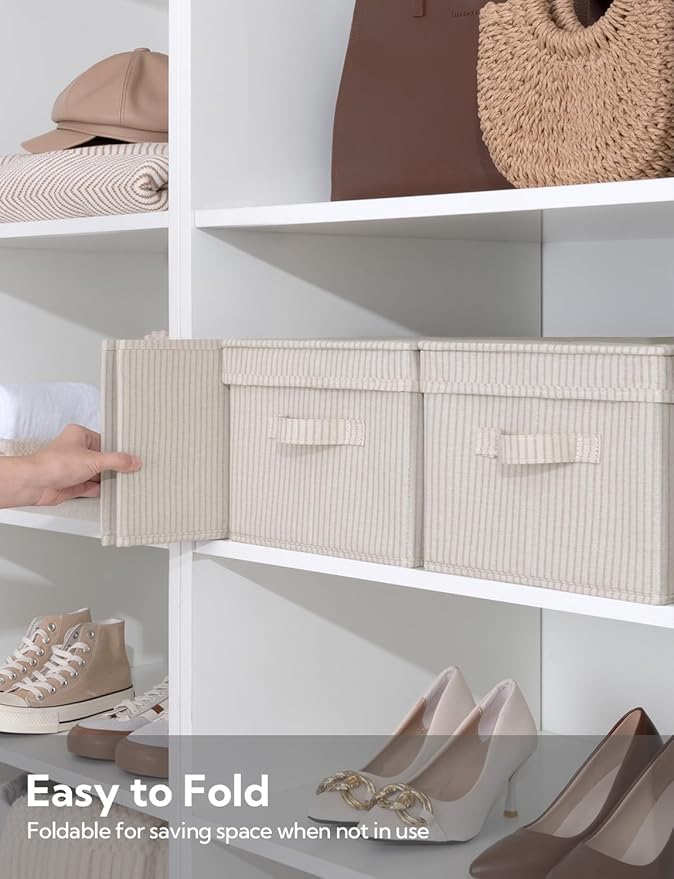 StorageWorks Storage Bins with Lids, Decorative Storage Boxes with Handles, Foldable Storage Baskets for Closet, Shelves, Stackable, Khaki Stripe, Large, 3-Pack