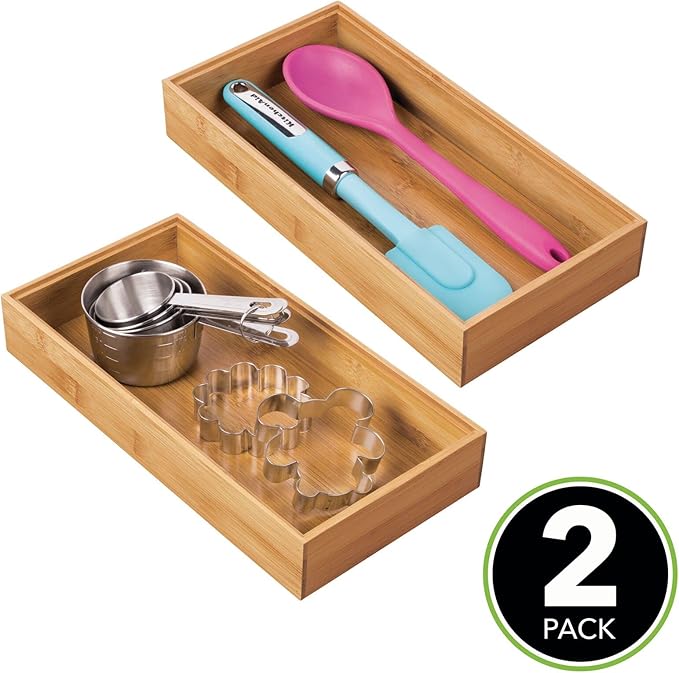 mDesign Wooden Bamboo Drawer Organizer - 12" Long Stackable Storage Box Tray for Kitchen Drawers/Cabinet - Utensil, Silverware, Spatula, and Flatware Holder - Echo Collection - 2 Pack, Natural Wood
