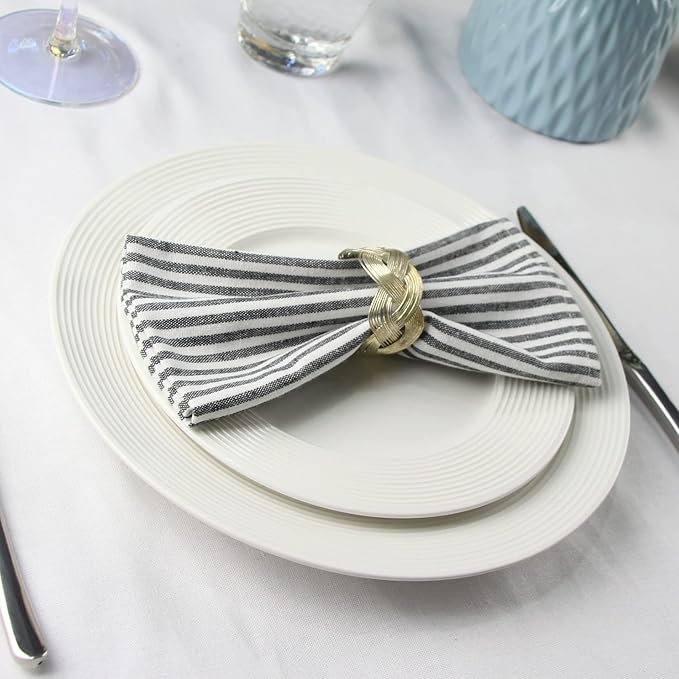 Plain Striped Cotton Linen Blended Dinner Cloth Napkins - Set of 12 (40 x 30 cm) - for Events & Home Use (Black)