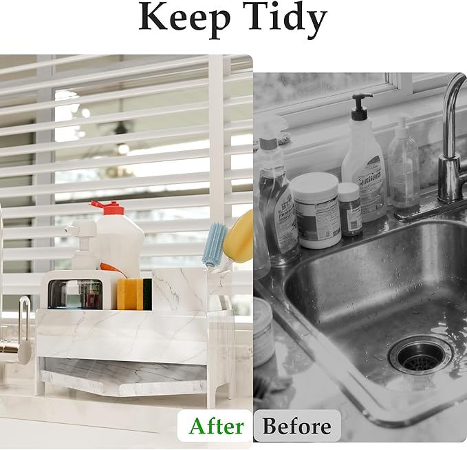 TIDIIABODE Sponge Holder for Kitchen Sink, Acrylic Sink Caddy Organizer with Removable Brush Holder, Countertop Soap Dispenser Organizer with Marble Texture, Kitchen Organizers Storage, White