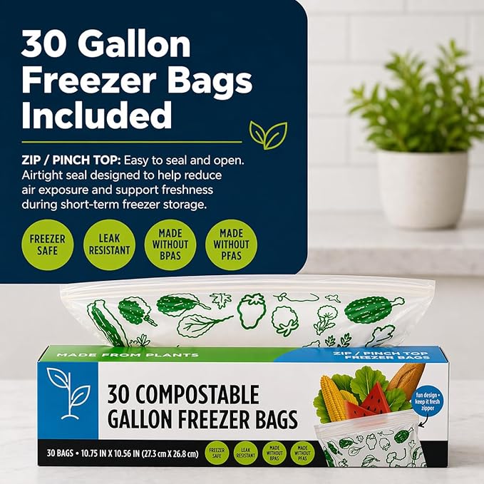 Lunchskins Ziptop Home Compostable & Resealable Freezer-Safe Food Storage Bags, Gallon Size, 60 Bags - Eco-Friendly, Made Without PFAS and BPAS