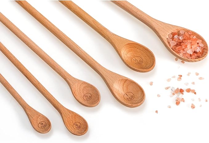 Wooden Meauring Spoons Set of 6 - Long Handle Beechwood Measuring Spoons 1/8 TSP, 1/4 TSP, 1/2 TSP, 1 TSP, 1/2 tbsp & 1 tbsp for Measuring Dry Ingredients for Cooking Baking Gift(10 inch)