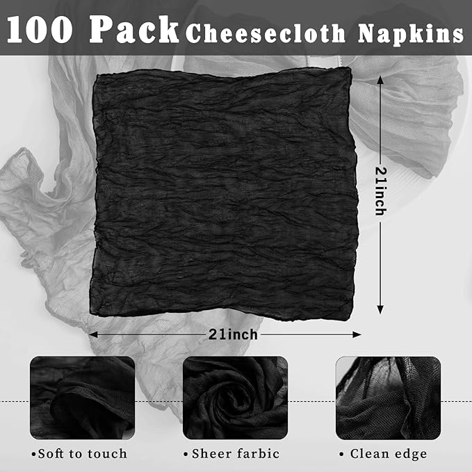 100 Pack Black Cheesecloth Napkins Washable 21x21 Inches Black Cloth Napkins Set of 100 Dinner Table Napkins for Wedding Rustic Boho Cotton Gauze Summer Bridal Baby Shower Party Table Decor