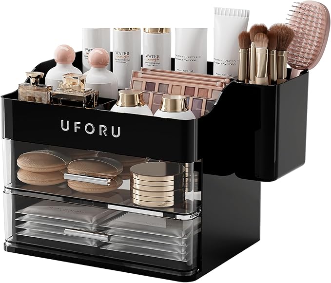 Makeup Organizer for Vanity with Brush Holder, Countertop Skincare Organizer with 2 Drawers, Spacious Cosmetic Display Case for Perfumes, Cologne, Shaving Lotion