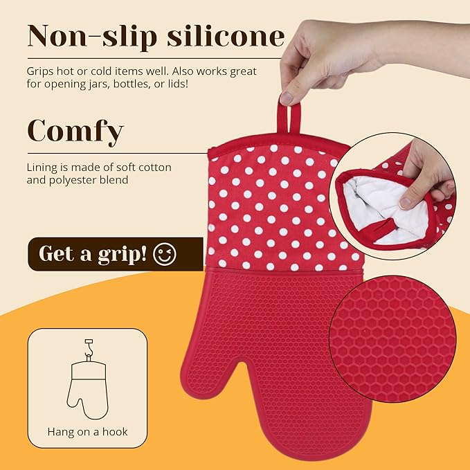 Amruta Pair of Silicone Shell Oven Mitts, 2 Pieces Heavy Duty Baking Kitchen Mitts for BBQ Microwave Stove, Heat-Resistant up to 500F, Oven Glove with Silicone Textured Grip (13 x 7.5 in, Red)