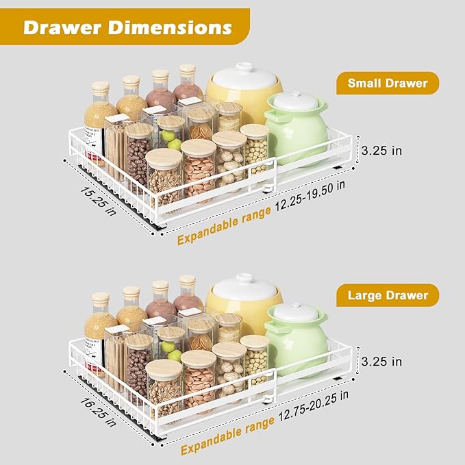 REALINN 2 Pack Pull Out Cabinet Organizer, Expandable(12"-20") Slide Out Drawers 3 Slide Rails Fix with Adhesive or Screw, Roll Out Shelves for Kitchen Cabinet Organization, White