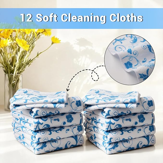 YUA Microfiber Cleaning Cloth 12 Pack,Microfiber Towels Cleaning,Microfiber Towels for Cars,Absorbent Dish Washing Cloth,Reusable Cleaning Cloths Lint Free (Blue Bellflower)