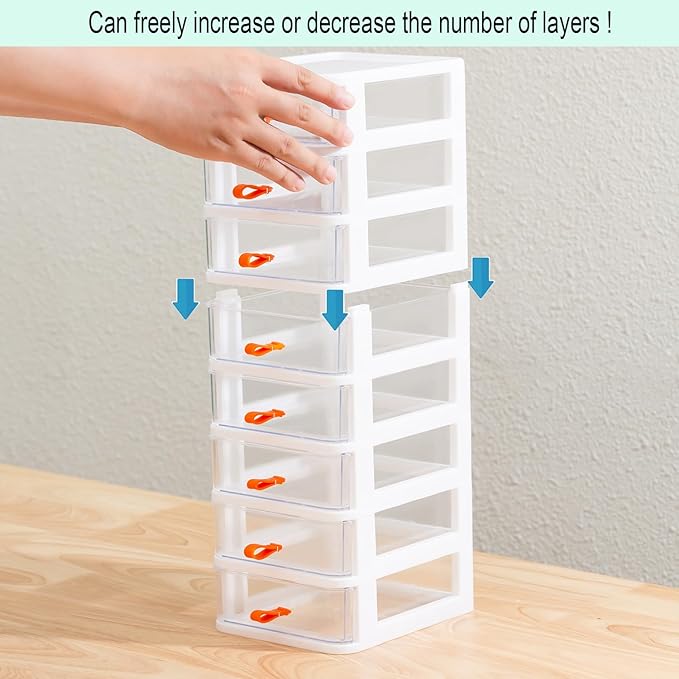 Gagee 3 Drawer Mini Desktop Unit,Plastic dressers with drawers for Arts and Crafts, Small Tools, Sewing Accessories, Stationary, and Hardware,Clear/White Frame