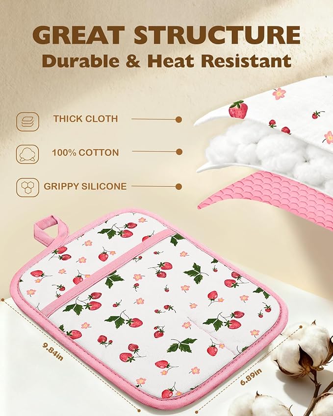 Slohif Silcone Strawberry Pot Holders for Kitchen - 100% Cotton Pink Cute Oven Potholders with Pockets, Heat Resistant Square Thick Hot Pads, House New Home Baking Baker Gifts,2pack