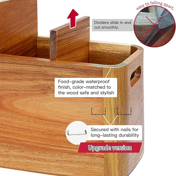 Wooden Kitchen Utensil Holder Organizer for Counter or Countertop, Large Wooden Utensil Holder for Storage Cooking and Silverware with 3 Compartment, Acacia Rustic Wood Container Extra Large