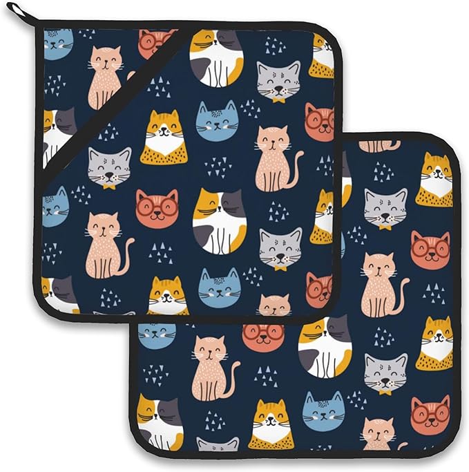 Cute Cat Pot Holder Set of 2,Heat Resistant Potholders Oven Hot Pads for Kitchen Cooking Baking BBQ