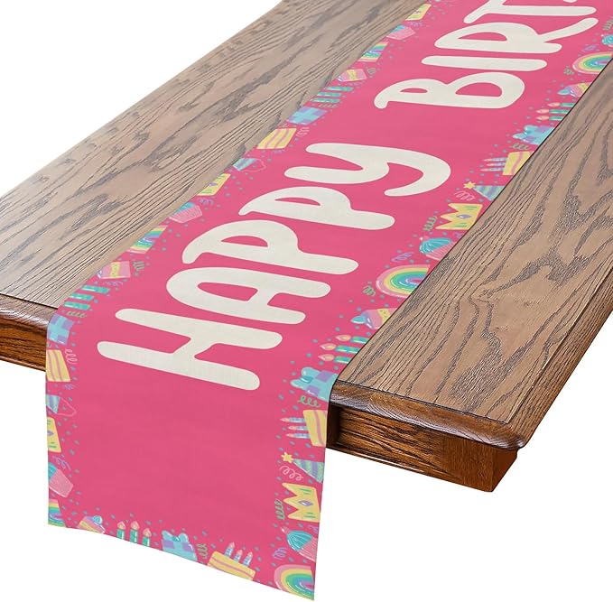 Happy Birthday Table Runner 13x72 Inch Pink Birthday Cake Box Candle Rainbow Farmhouse Polyester Linen Table Decoration for Kitchen Dinning, Indoor Outdoor Home Dinner Party (Red)