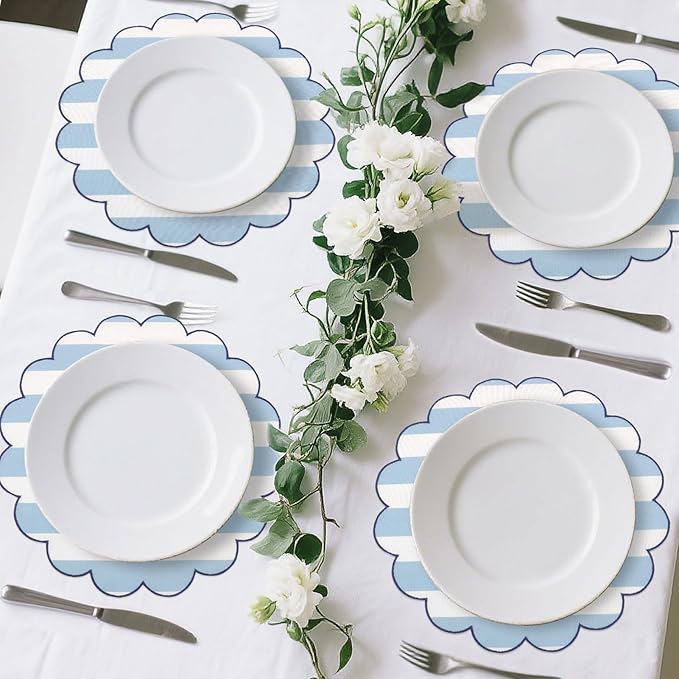 SK Studio Set of 4 Cotton Linen Placemats, 15x15 Round Scalloped Cloth Table Mats, Embroidery Double Layered Washable Dining Placemat for Hotel Restaurant Kitchen, Blue