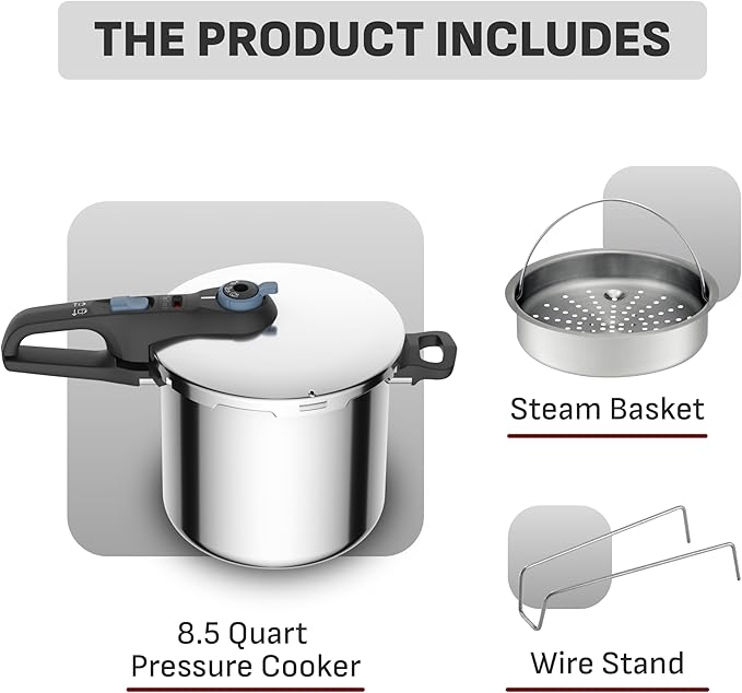 T-Fal Secure Trendy Stainless Steel Pressure Cooker, 8.5 Quart, Steam Basket, Induction, Secure Locking System, Easy and Safe Opening, Compatible with All Cooktops, Dishwasher Safe, Silver