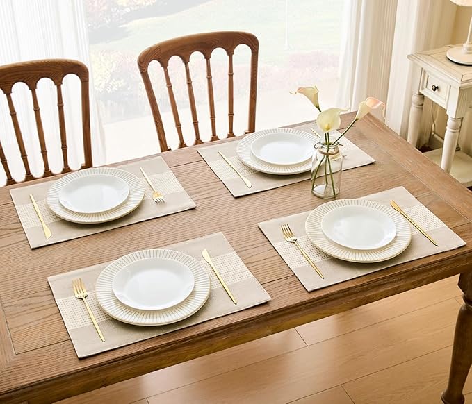 Wracra Linen Placemats, 12 x 18 Inch Set of 6 Placemats, Farmhouse Macrame Place Mats for Kitchen Table and Heat Resistant-Hemstitch Light Coffee 6PCS