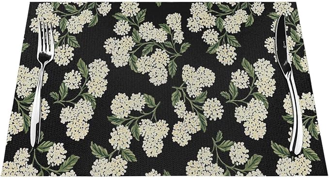 Spring Place mats Set of 4,12x18 Inches Black Beige Hydrangea Floral Decorative Summer Decor Flower Placemats Rectangle Spring Table Mats for Party Home Kitchen Dining Table Decoration