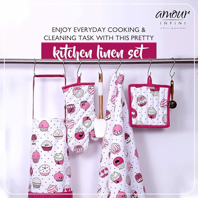AMOUR INFINI Cotton Aprons for Women with Pocket, Adjustable Strap & Waist Ties - Printed Aprons for Baking, Cooking, Gardening (27.5 x 33 Inches)