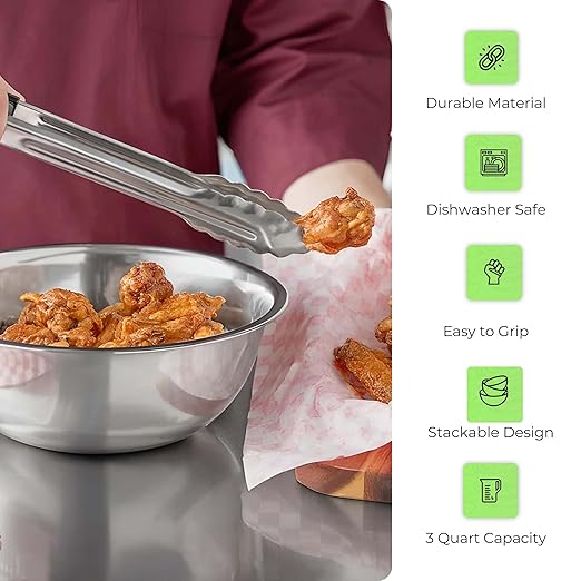 OCS Parts 3 Quart Mixing Bowls | Set of 4 | 9.75-Inch Stainless Steel Professional Grade Flat Base Mixing Bowls for Home and Commercial Kitchens | Dishwasher Safe