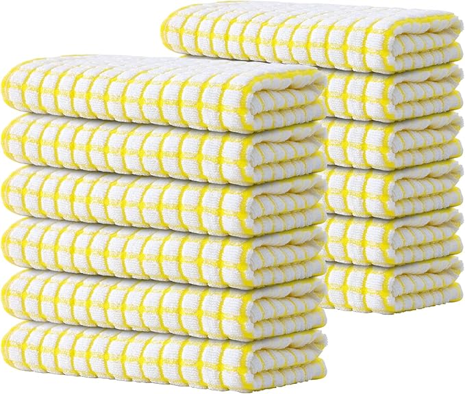 Kitinjoy Cotton 12 Pack Terry Kitchen Towels, 16 x 25 Inches Super Soft and Absorbent Dish Towels, Quick Drying Hand Towels for Kitchen Drying, Yellow