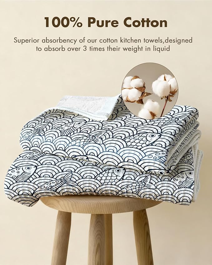 Miss Adola Cotton Waffle Kitchen Towels – Cute 370 GSM 16x25 Inch Terry Cloth Waffle Decorative Dishcloth for Kitchen Set of 2 with Hanging Loops Absorbent Hand Tea Towel for Home Design, Fish