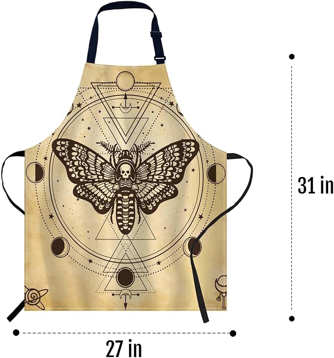 oFloral Mystical Butterfly Moth Dead Head Moon Wings Vintage Apron Adjustable Apron Cooking Kitchen Chef Women Men Aprons for Home Kitchen, Restaurant, Coffee House, Baking Gardening BBQ