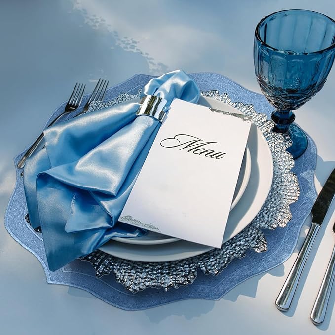 Set of 8 Cotton Linen Placemats, 15x15 Round Scalloped Cloth Table Mats, Embroidery Machine Washable, Wrinkle Resistance Fabric Place Mats for Wedding Summer Baby Shower Party Table Decor-Blue