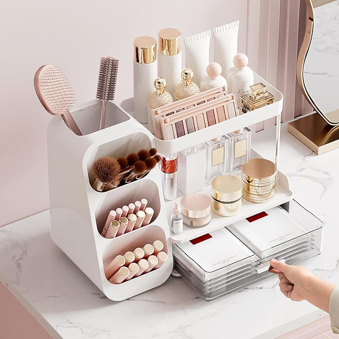 Makeup Organizer for Vanity with Brush Holder, 2 Tiers Countertop Skincare, Cologne Organizer and Perfume Stand for Men Bathroom Vanity, Large Capacity Makeup Storage, Black