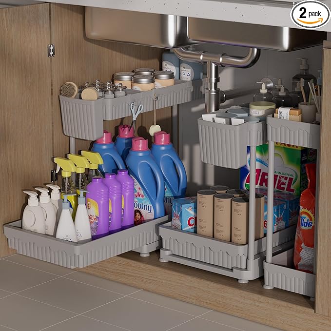 Sevenblue 3 Pack Multi-Purpose Under Sink Organizers and Storage, 2026 L-Shaped Pull Out Cabinet Organizer for Bathroom & Kitchen, Under Cabinet Organizer with Hooks Hanging Cup (Grey, 14.85 inch)